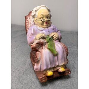 Vintage Brinnco Grandma Knitting Coin Bank Figurine 1970s